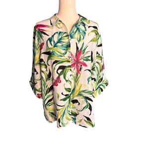 Chicos Shirt Womens 3, XL Multicolor Butterfly Floral Linen Button No Iron
